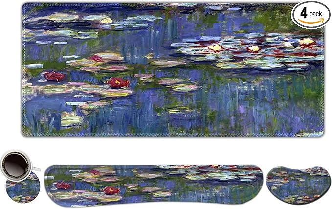 ToLuLu Extended Gaming Mouse Pad Memory Foam Ergonomic Keyboard Mouse Wrist Rest Support Set Large Desk Mat with Stitched Edges Non-Slip Base Mousepad for Home Office Game Monet Water Lilies