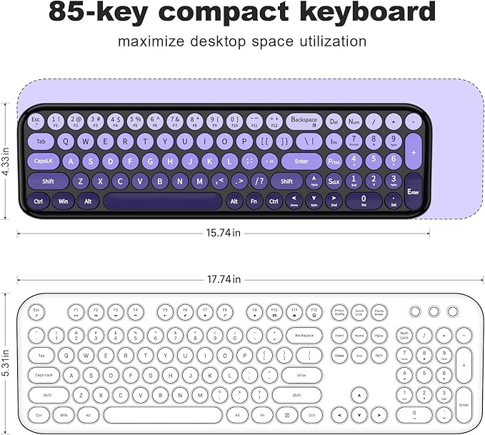 Wireless Keyboard and Mouse Combo MOWUX Compact Typewriter Retro Round Computer Keyboard Cute Optical Mouse Wireless Plug and Play for Laptop PC Computer- Black Purple Gradient