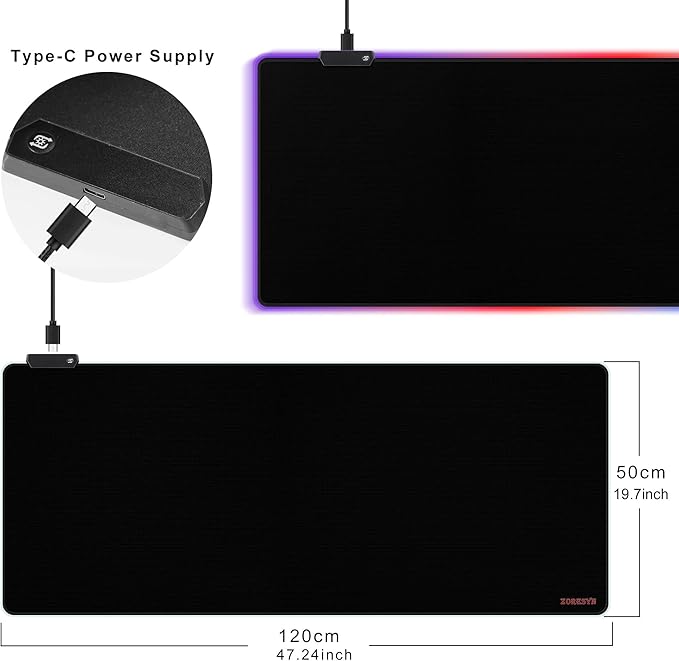 ZORESYN Large RGB Gaming Mouse Pad 47.2x19.7 Inch Extended LED Mousepad with 9 Lighting Modes Non-Slip Rubber Base Smooth Surface USB-C Powered for PC Laptop Computer Gamer - Black