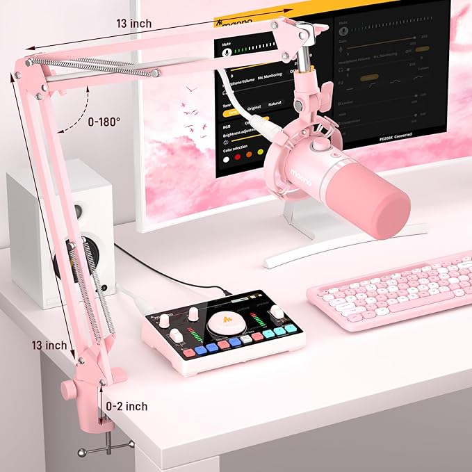 MAONO XLR/USB Dynamic Microphone Kit RGB Gaming Mic with Software Mute Gain Knob Volume Control Boom Arm for Streaming Podcasting Voice-Over Recording-PD200XS Pink