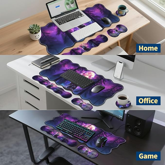 4-Piece XXL Gaming Mouse Pad Set (31.5x11.8) with Keyboard Wrist RestMouse Wrist Support &amp CoasterErgonomic Non-Slip Desk Mat for Office &amp HomeMoon Wolf Howling