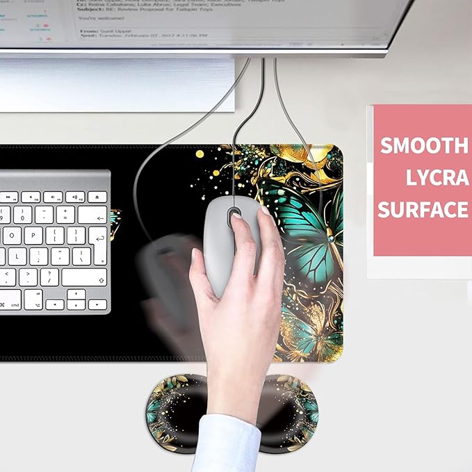Mouse PadLarge Desk Mat Set 4in1 XL Mousepad + Keyboard Wrist Rest+Mouse Wrist Rest+Coaster with Ergonomic Desk Pad for Home Office Table Computer Cover -Golden Turquoise Butterfly