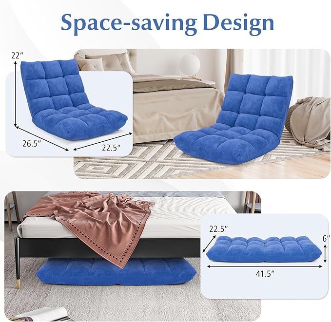 14-Position Lazy Sofa Chair with Soft Coral Fleece Folding Gaming Chair Couch Recliner Floor Seat for Reading Meditating Yoga (Blue)