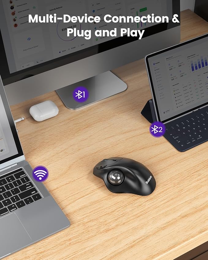 SABLUTE MAM2 Wireless Trackball Mouse with 5-Level DPI Ergonomic Mouse 2.4G Plug-and-Play for 3 Devices (Bluetooth or USB Receiver) 500mAh Battery Compatible with PC/Laptop/Mac/Windows-Grey Ball