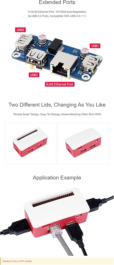 Ethernet/USB HUB Box Supports Raspberry Pi Zero Series with ETH/USB HUB HAT (B) Expansion Board Inside Includes 3X USB 2.0 Ports1x RJ45 Ethernet Port