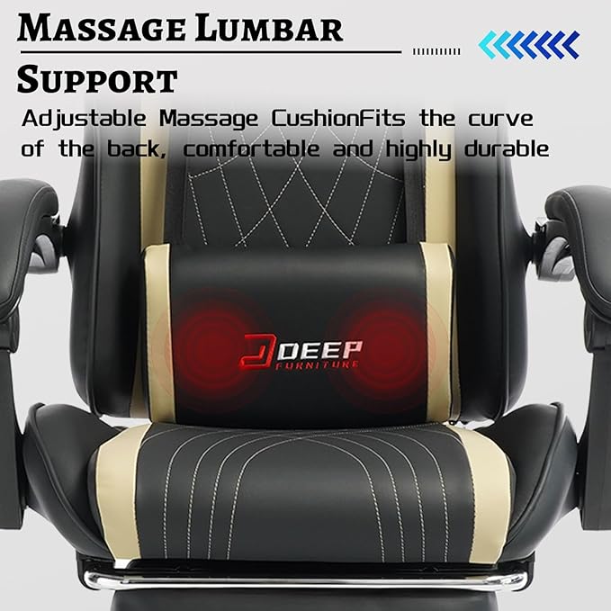 Ergonomic Gaming Chair with Footrest and Lumbar Massage Racing Office Chair High Back Computer Desk Chair with Headrest Pillow for Adults Video Game Chair for PC Gamer (1001-Beige)