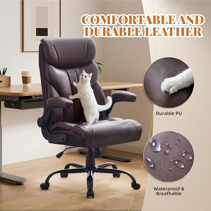 Office ChairBig and Tall Office Chairs 500LBS Wide Ergonomic Gaming Chair Executive Leather Computer Chairs with Adjustable Height &amp 360° Swivel Rolling Wheels for WorkChocolate