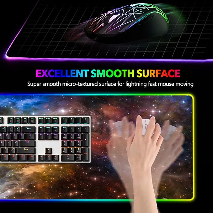 AIMSA Large Gaming Mouse Pad RGB Keyboard Led Mousepad Extended 35.4 x 15.8 inch Non-Slip Rubber Base with 14 Lighting Modes Desk Mat Colorful Galaxy Nebula