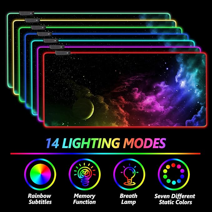 AIMSA Large RGB Gaming Mouse Pad Keyboard Mousepad Led Extended 35.4 x 15.8 inch Non-Slip Rubber Base with 14 Lighting Modes Big Desk Mat Waterproof Nebula Universe