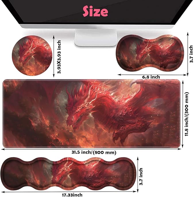 Large XXL Gaming Desk Mat 31.5x 11.8 Ergonomic Keyboard Wrist Rest &amp Mouse Pad Wrist Rest + Coaster Set Non-Slip Base Memory Foam Office and Home Red Dragon