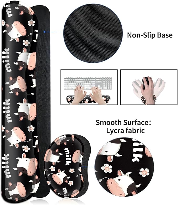 JVGFYNKL Large Gaming Mouse Pad Set Ergonomic Memory Foam Keyboard Wrist Rest Support + Mouse Wrist Rest + Extended Desk Mat with Non-Slip Rubber Base Cute Milk Cow Pattern Black Desk Pad
