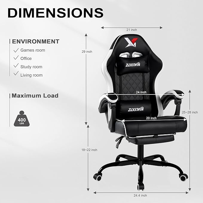 Vedio Gaming Chair with Footrest Lumbar Support for Home Office High Back Recliner Height Adjustable Ergonomic Comfy Leather Computer Desk ChairWhite