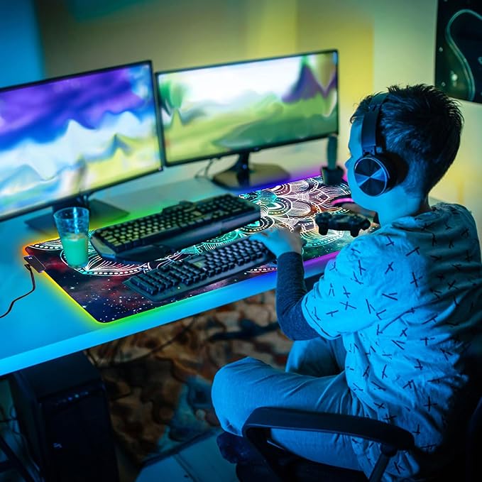 Customized RGB Gaming Mouse Pad and Coffee CoasterLarge Glowing Led Anti-Slip Rubber Base Computer Keyboard Desk Mouse Mat 31.4x11.8 InchMandala in Galaxy