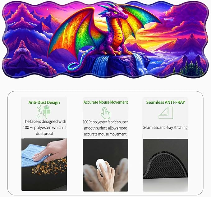 3-Piece Ergonomic Desk Mat &amp Cloud Wrist Rest Set Large 31.5 x 11.8 Wave Office Desk Pad with Memory Foam Support Non-Slip Computer Protector for Home Gaming &amp Writing Purple Dragon