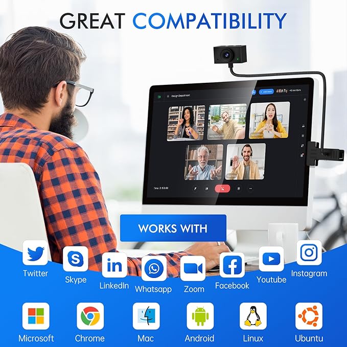 Webcam for PC Laptop Camera USB Webcam with Adjustable Gooseneck Flexible Positioning 1080P Computer Camera for Presentation Desktop Demo Full-Body View Video Call Zoom Teams Skype (Black)