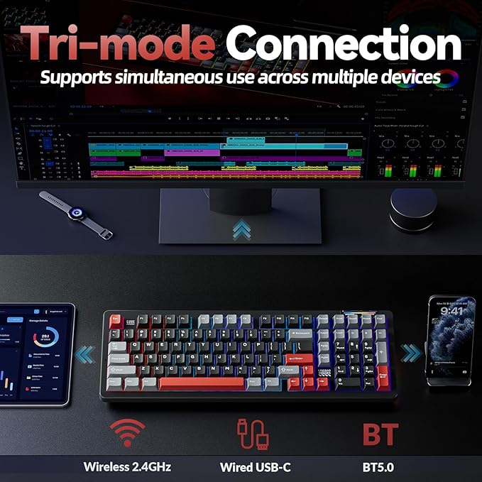 LINGBAO K98 Wireless Mechanical Gaming Keyboard Tri-Mode BT5.0/2.4GHz/USB-C Gasket Custom Hot-Swappable Linear Switches Creamy Keyboard with Number Pad RGB Backlit Gaming Keyboard for PC Laptop