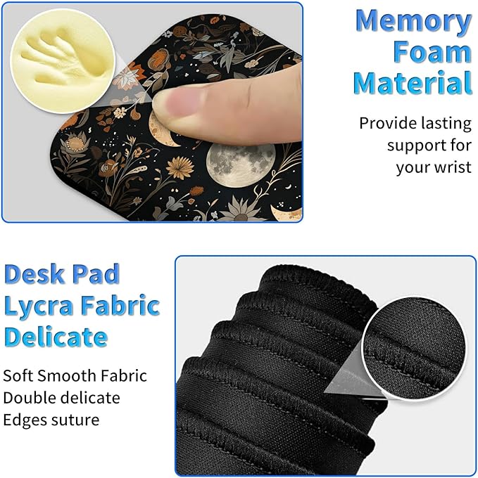 Wrist Rest Pad Small Mouse Pad and Office Desk Mat Set 3 in 1 Desk Pad 11.8 x 23.6+Mousepad +Mouse Wrist Rest with Ergonomic Design Non-Slip for Home Gaming Computer Flower Moon