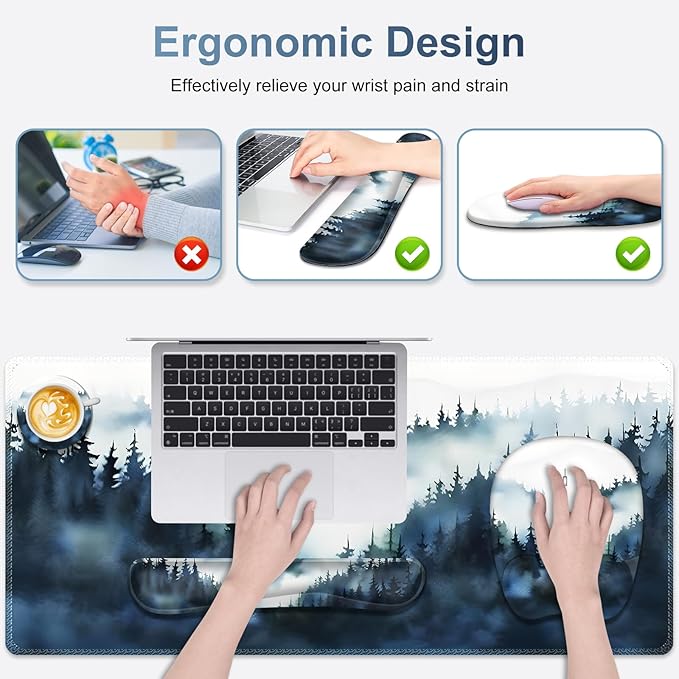 Large Mouse Pad Keyboard Wrist Rest Set Ergonomic Mouse Pad with Wrist Support Desk Mat with Stitched Edges + Coaster Extended Desk Pad Waterproof Desk Mat for Home Office Game I Misty Forest