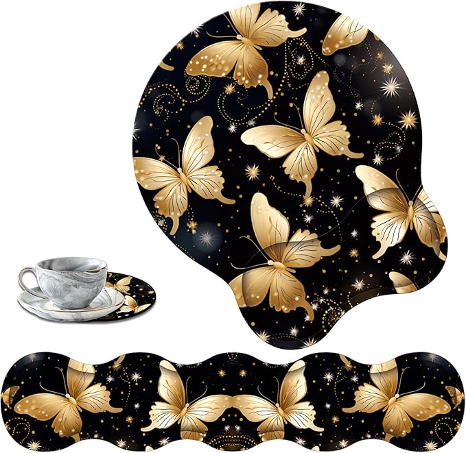 Keyboard Wrist Support + Wrist Mousepad + Coaster Combination Non-Slip PU Base with Gel Memory Mousepad Suitable for Gaming Office Pain Relief Mousepad Set - Golden Butterfly