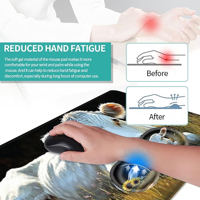 Keyboard Mouse Pad Set Extended Gaming Mouse Pad+Ergonomics Keyboard Wrist Rest Support Memory Foam Easy Typing Pain Relief 4Pcs XL Ultra Thick Desk MatWhite Cow Sunflowers