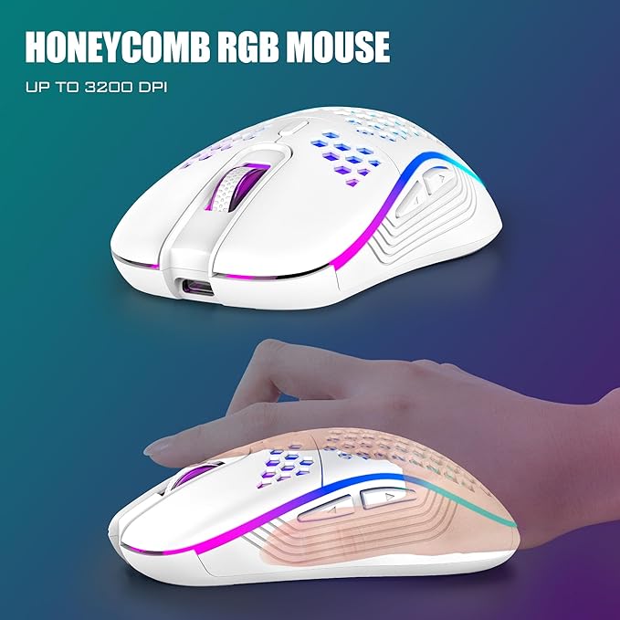 RedThunder K84 Wireless Keyboard and Mouse Combo Rainbow Backlit Rechargeable Battery 75% Layout TKL Ultra Compact Gaming Keyboard &amp Lightweight 3200 DPI Honeycomb Optical Mouse (White)