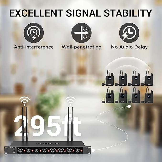 TONOR Wireless Microphones System with 8x12 Channels Headset/Lavalier Lapel Mics Bodypack Transmitter Receiver 90 m/295ft UHF Range for Church Conference Performance Singing Karaoke PA Speaker