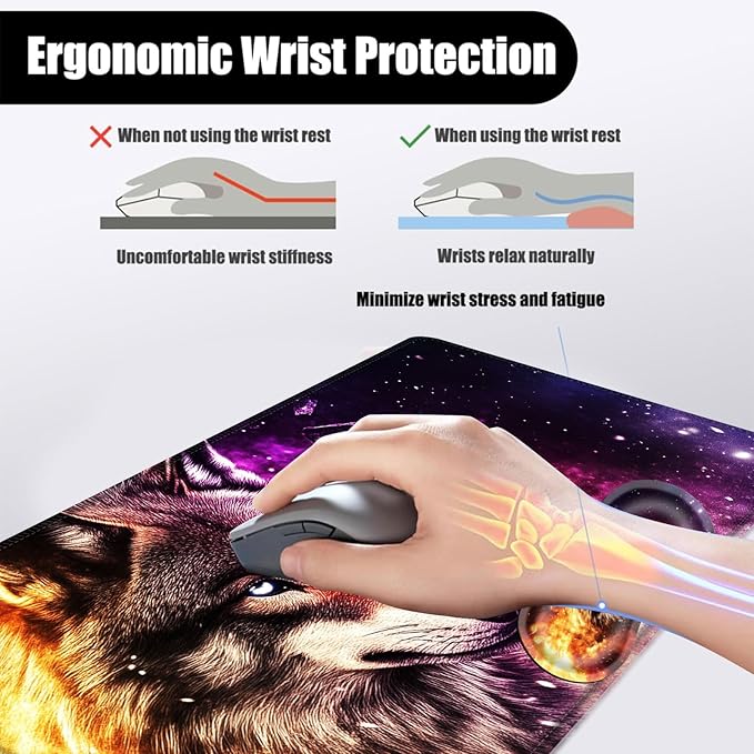 Mouse PadLarge Desk Mat Set 4in1 XL Mousepad + Keyboard Wrist Rest+Mouse Wrist Rest+Coaster with Ergonomic Desk Pad for Home Office Table Computer Cover -Cosmic Wolf Purple Nebula