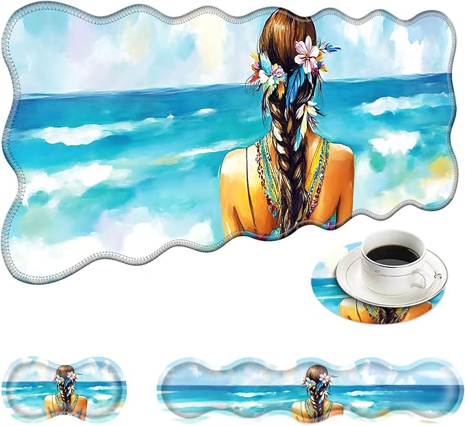 Large Mouse Pad and Keyboard Wrist Rest Desk Pad for Keyboard and Mouse 4-in-1 Large Gaming Mouse Pad with Wrist Support Desk Mat for Home Office Study Game-Girl with Floral and Feather