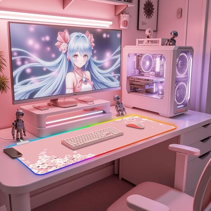 Japanese Sakura RGB Mouse Pad for Gaming I Large Mousepad with 14 Led Modes I Keyboard Pad Gaming Desk Mat I Non-Slip Rubber Base Mouse Mat I 900x400x4mm Waterproof Mousepad I Pink Cherry Blossom