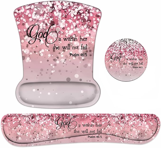 Keyboard Wrist Rest and Mouse Pad Wrist Support Set with Coasters Bible Verses Psalm 46:5 with Non-Slip PU Base Ergonomic Gaming Mousepad for Computer Laptop Home Office Easy Typing &amp Pain Relief