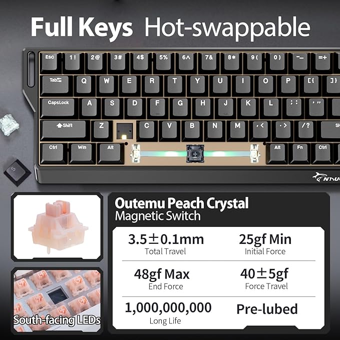 GK GAMAKAY x NaughShark NS68 Rapid Trigger Wired Gaming Keyboard 65% Hall Effect Mechanical Keyboard 8KHz Polling Rate 0.01mm RT Snap Tap Outemu Peach Crystal Magnetic Switch (Black-Shine Through)