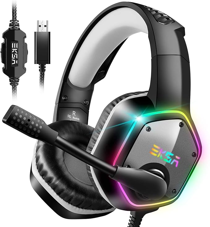 EKSA E1000 USB Gaming Headset for PC Computer Headphones with Microphone/Mic Noise Cancelling 7.1 Surround Sound RGB Light - Wired Headphones for PS4 PS5 Console Laptop Call Center