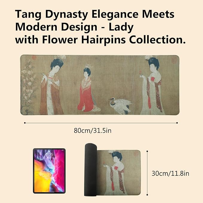 Chinese Style Famous Art Mouse Pad 31.5x12 Inches Non-Slip Rubber Base Waterproof Desk Mat for Office &amp Gaming (Extended XX-Large Adorning Hairpin Ladies (Chinese Ancient Painting))