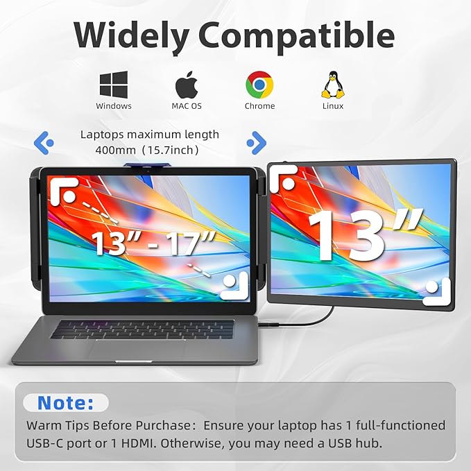 2K Laptop Monitor Extender - 13 IPS 1440P Dual Monitor Attachment Plug &amp Play Multiple Screens for 13-17 Laptop Compatible with Wins Mac Dex Chrome Travel Gaming Work