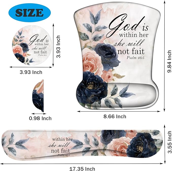 Keyboard Wrist Support + Wrist Mousepad + Coaster Combination Non-Slip PU Base with Gel Memory Mousepad Suitable for Gaming Office Pain Relief Mousepad Set - Psalm 46:5 Floral