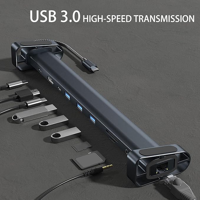 USB C Hub Multiport Adapter 10-in-1 Docking Station with 4K HDMI USB-C 3 USB 3.0 SD/TF Card Reader Audio 100W PD RJ45 Ethernet Compatible with MacBook Pro/Air Dell HP Lenovo (10-in-1)
