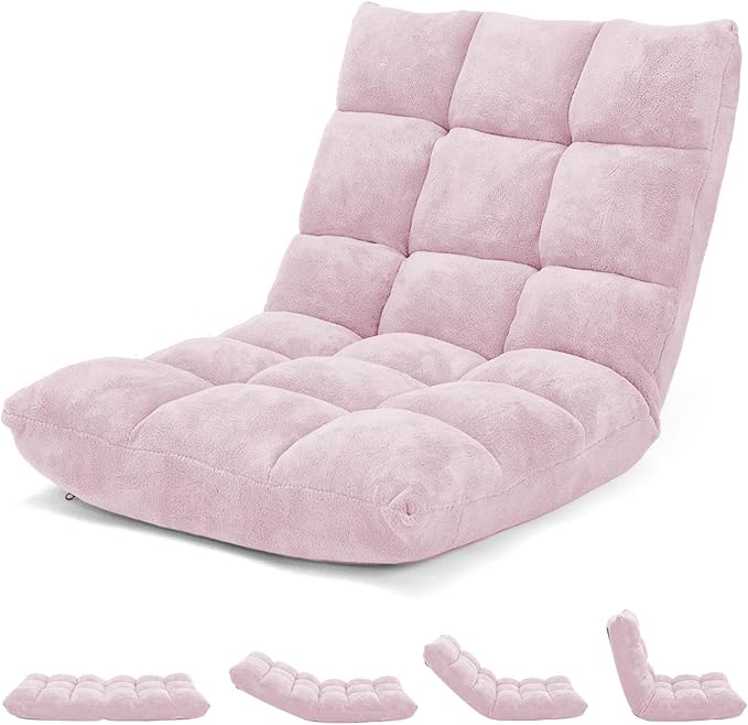 Floor Chair with Back Support 14-Position Lazy Sofa Chair with Soft Coral Fleece Folding Floor Gaming Chair Couch Recliner Floor Seat for Reading Meditating Yoga Gaming (Pale Pink)