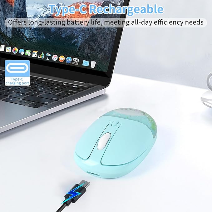 Wireless Mouse with Liquid Quicksand Sequins 2.4GHz &amp Bluetooth Dual Mode Rechargeable Silent Cute Aqua Mouse with LED Light Portable Water Mice for Laptop PC Tablet MacBook Kids Adults Gift (Gree