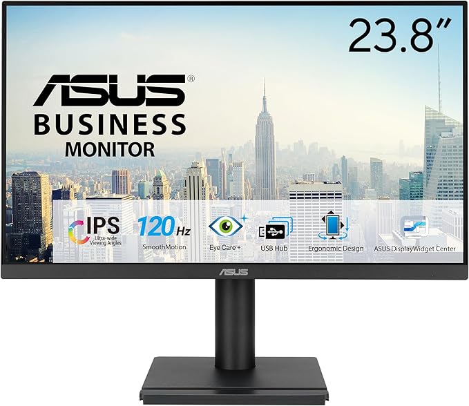 ASUS 24” 1080P Business Monitor (VA249QGS) - IPS Full HD Frameless 120Hz Adaptive-Sync 1ms HDMI DisplayPort VGA Eye Care Low Blue Light Ergonomic VESA Wall Mountable 3 yr Warranty