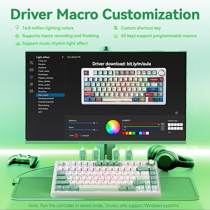 Aula F75 Gaming Keyboard 75% Wireless Keyboards RGB Backlit with Knob Tri-Mode Hot Swappable Mechanical Keyboard for PC Gamer - Green