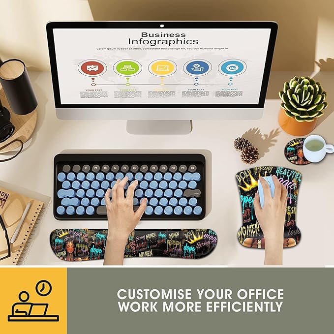 Keyboard Wrist Rest and Mouse Pad Wrist Support Set Ergonomic Gel Mouse Pad Wrist Rest with Non-Slip Base for Home Office Desk Pad African American Black Women Graffiti Girl Gaming Mouse Mat