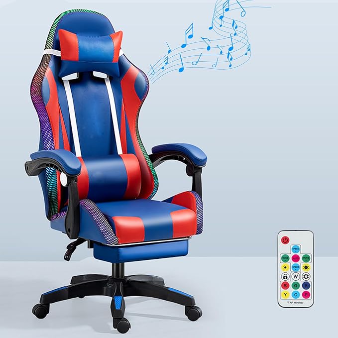 RGB Gaming Chair with Footrest Ergonomic Massage Computer Desk Chair Video Gaming Chair with Speakers Lumbar Support Height &amp Angles Adjustable Reclining Gamer ChairRGB/Speaker