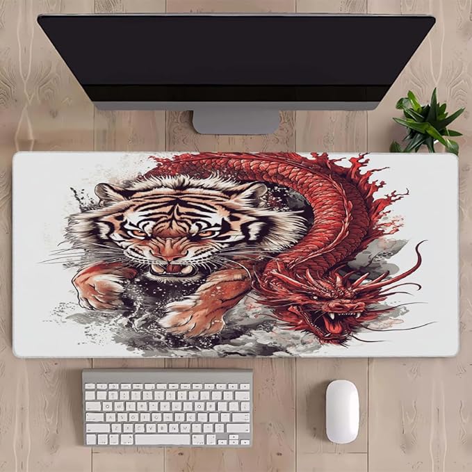 Large Mouse Mat Tiger Dragon Animal Computer Mousepad with Non-Slip Rubber Base Waterproof Mouse Pad Desktop Keyboard Pad for GamerHome School Laptop Office Accessories35.4x15.7 in