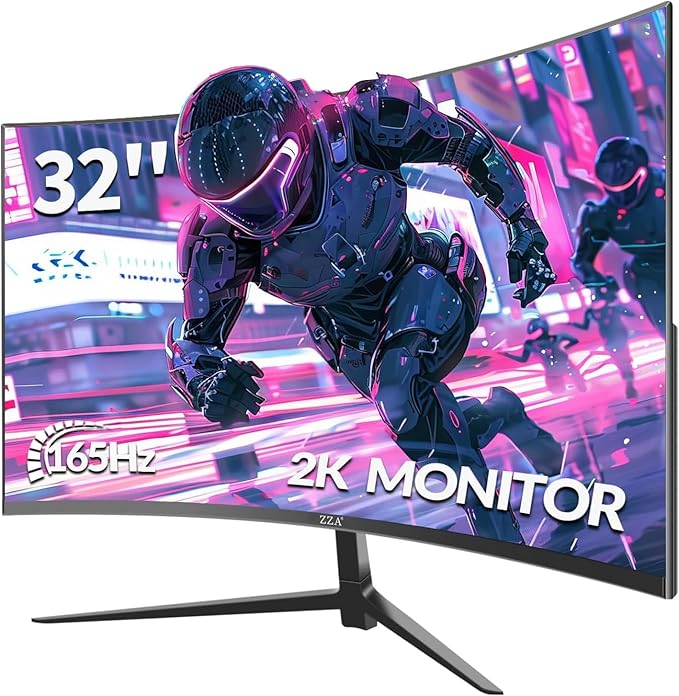 ZZA 32 Inch Curved Monitor1440p VA Screen 165Hz 1500R Curved Gming MonitorComputer Monitor 1msFreeSync &amp G-Sync HDR10 120% sRGB Coverage DP/HDMI PC Monitor VESA Mount Compatible