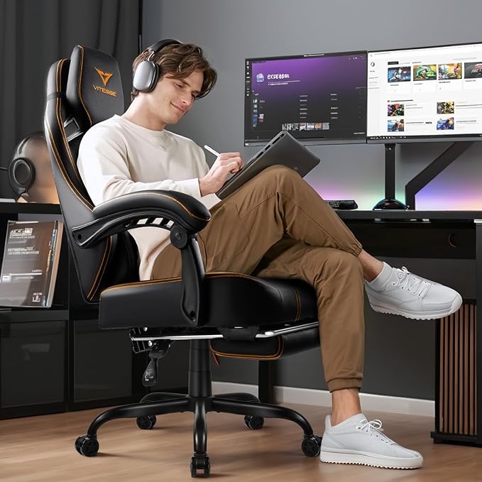 VITESSE Big and Tall Gaming Chair 400lb Weight Capacity with Footrest Ergonomic Video Game Chair for Adults with Oversized Headrest and Lumbar Pillow Computer Chair Gaming for Office (Black+Orange)