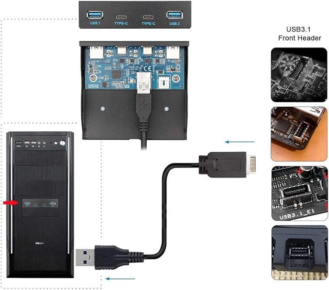 Cablecc USB 3.1 Front Panel Header to USB-C &amp USB 3.0 HUB 4 Ports Front Panel Motherboard Cable for 3.5 Floppy Bay