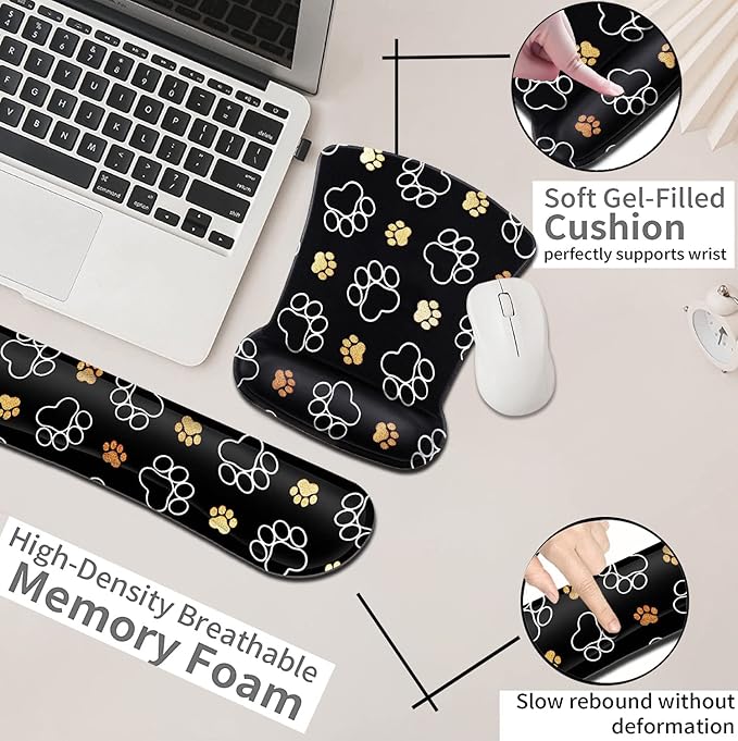 Ergonomic Mouse Pad with Wrist Support Gel Mouse Pad Non-Slip Laptop Computer Keyboard Mousepad for Office &amp Home Cute Cat Paws Design Memory Foam Keyboard Wrist Rest Dog Paw Prints Gold White