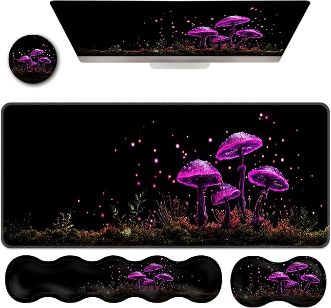 Ergonomic Keyboard Wrist Rest &amp Mouse Pad Wrist Rest SetXL Gaming Desk Mat 31.5x 11.8Non-Slip BaseMemory FoamEasy Typing Pain Relief for Office &amp HomeNeon Purple Mushrooms