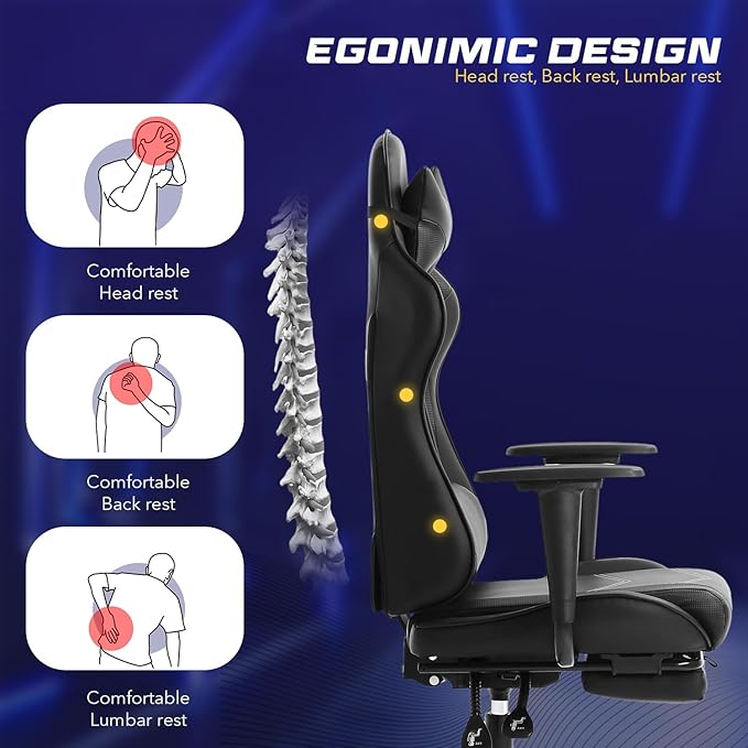Gaming Chair with FootrestErgonomic Office ChairAdjustable Swivel Desk ChairReclining Computer Chair with Lumbar Support and HeadrestRacing Style Video Gamer ChairBlack