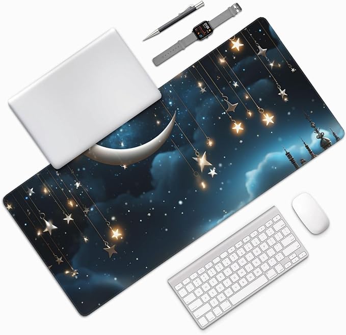 Gaming Mouse Pad Extended Full Keyboard Mat with Stitched Edges Anime Large Desk Pad with Non-Slip Base Nightsky Hanging Moon Stars Mouse Mat for Gaming and Office 16 x 35.5 inches Mousepad